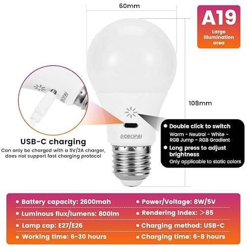 LED Rechargeable Light Bulbs With Remote ＆ Touch Dimmable, E26 Battery Operated Light Bulb for Lamps, RGB 12 Colors, 2600mAh USB battery backup Light Bulb With Timer, A19 Small Light Bulbs 2 Pack thumbnail 4