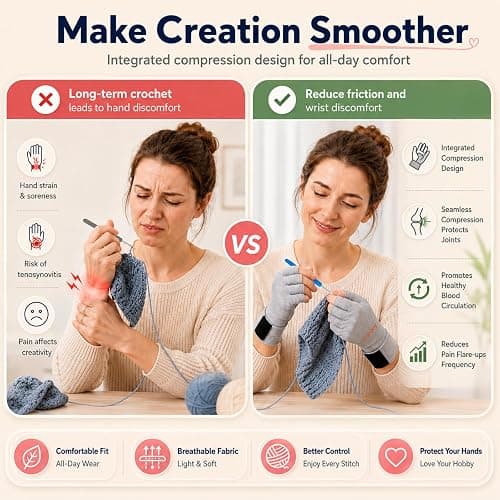 Coopay Crochet Gloves with Anti-Slip Grip, Fingerless Compression, Size M | Ergonomic Hand Support for Crocheting, Knitting and Crafting, Reduces Strain During Long Sessions, Lightweight, Fingerless thumbnail 2