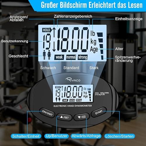 Ryaco Jauge de force manuelle numérique, 180 kg, dynamomètre à main rechargeable, force de préhension électronique, avec écran LCD, pour le sport, la maison, l'école, noir thumbnail 2