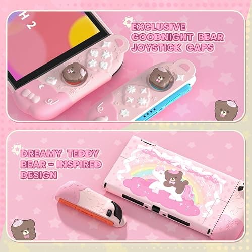 PlayVital Good Night Bear Dockable Case for Nintendo Switch 2 with Stand | Split Design Silicone Joycon Grips, PC Console Hard Shell, 2 Joystick Caps | Cute Protective Cover Bundle – Pink thumbnail 6