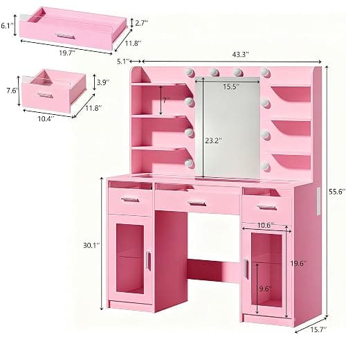 HUAHUU Vanity Desk, Makeup Vanity Desk with Mirror and Lights 3 Colors, Transparent Top with 3 RGB Drawers, 6 Shelves, 2 Large Tempered Cabinets, Power Outlet, for Bedroom, Pink thumbnail 2