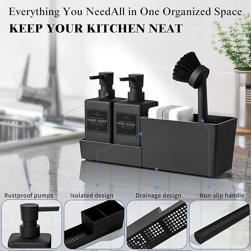 zuxzmj Kitchen Soap Dispenser Set with Sponge Holder and Brush for Sink Rack Hand Soap and Dish Soap Dispensers Black 4-in-1 thumbnail 5