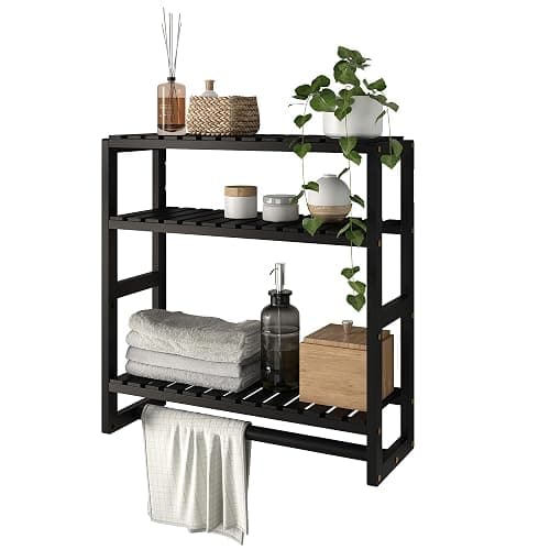 Bamworld Over The Toilet Storage Adjustable 3 Tiers Floating Shelves Bathroom Storage Shelves Organizer for Wall Mounted with Hanging Rod (Black) - Image 1
