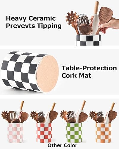 Swkien Utensil Holder，7.2 Inch Checkered Utensil Holder, Ceramic Cooking Utensil Spoon/Spatula Holder for Countertop, Kitchen Decor and Accessories for counte(Black) thumbnail 6