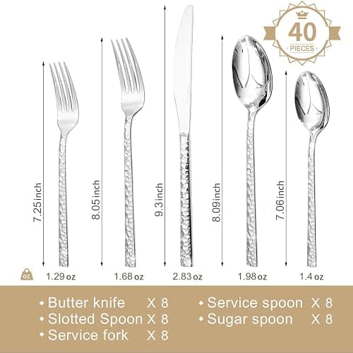 KINGSTONE 40 Piece Hammered Silverware Set, 18/10 Stainless Steel Flatware Set for 8, Cutlery Set for Home, Party, Wedding, Mirror Polished Dishwasher Safe thumbnail 3
