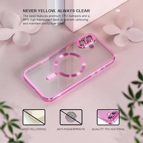 Misea Magnetic for iPhone 16 Plus Case Compatible with MagSafe [Never Yellowing] [Military Grade Drop Protection] Full Camera Lens Protector Plating Soft Clear Phone Case for Women 6.7 inch, Hot Pink thumbnail 3