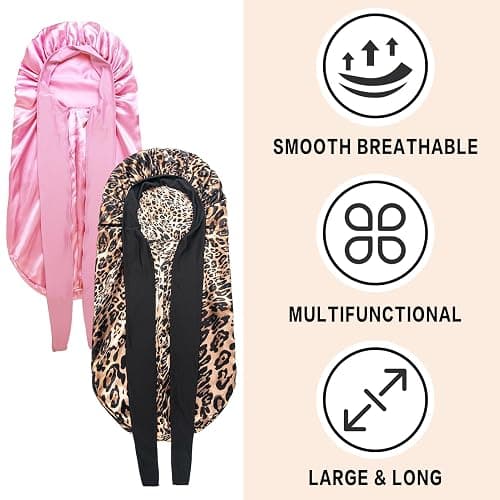 2Pcs Bonnets for Women Sleeping Braid Bonnet, Large Long Satin Silk Bonnet for Braids, Black Women Braid Bonnets with Stretchy Tie Band for Sleeping Extra Long (Pink & Leopard) thumbnail 3