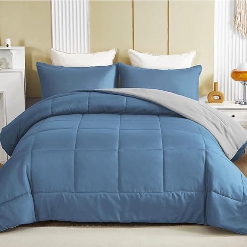 Exclusivo Mezcla Lightweight Reversible Twin Size Comforter Set, Down Alternative Comforter with 1 Pillow Sham, Twin Size Bedding Set for All Seasons, Bluish Grey thumbnail 2