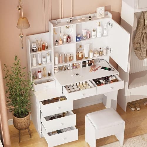Vabches Vanity Makeup Mirror Desk with Stool,Makeup Vanity Set with 6 Drawers and Shelves,Vanity Table with Power Strip,Vanity Mirror 3 Lighting Color Adjustable,White thumbnail 3