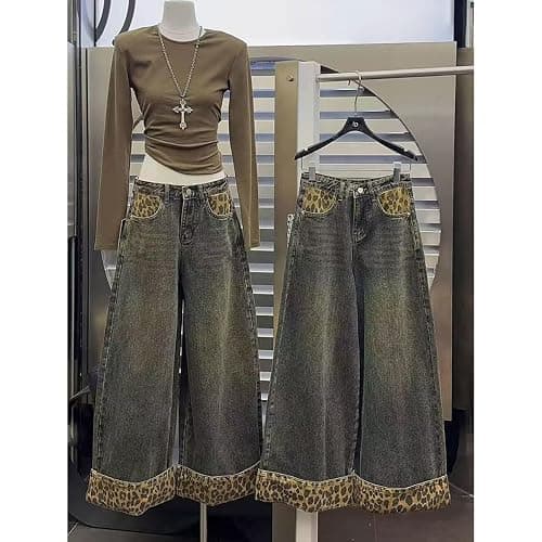 INFENU American Street Style Women's Retro Leopard Print Patchwork Jeans, Spicy Girl Street Loose Hip-hop Wide Leg Pants thumbnail 3