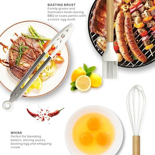 Silicone Cooking Utensils Set - 446°F Heat Resistant Silicone Kitchen Utensils for Cooking,Kitchen Utensil Spatula Set w Wooden Handles and Holder for Non-Stick Cookware (Cream White) thumbnail 4