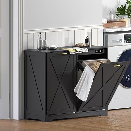 BORNOON Tilt Out Trash Can Cabinet for 2 Bins, Hidden Recycle Garbage Bin Enclosure, Wooden Double Laundry Cabinet with Odor Control, Negative Ion & Ozone, for Kitchen, Bathroom, Laundry Room thumbnail 7