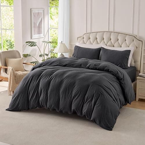 PURE ERA Jersey Knit Duvet Cover Set 100% T-Shirt Cotton Super Soft Comfy 3pc Bedding Set with Zipper Closure (Heather Charcoal Grey, Cal King) - Image 1