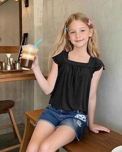 KEREDA Girls Short Sleeve Shirts Summer Tunic Tops Lace Openwork Ruffled Girls Cute Square Neck Clothes Blouse 5-14 Years thumbnail 3