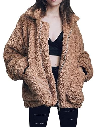 Comeon Women's Coat Casual Lapel Fleece Fuzzy Faux Shearling Zipper Coats Warm Winter Oversized Outwear Jackets - Image 1