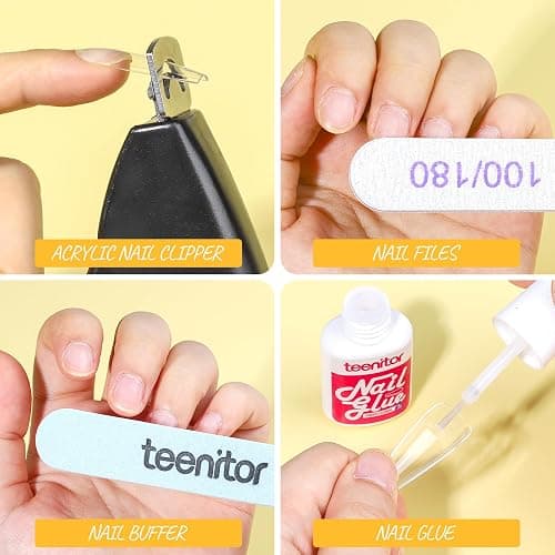 Teenitor Press On Nail Kit - Clear Coffin Nail Tips, Art Brushes, Dotting Pen, Glitter, Stickers & Rhinestones thumbnail 6