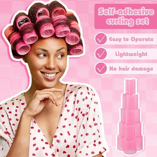 5 Sizes Self Grip Hair Rollers Set, 64 Pcs Rollers Hair Curlers with Clips Comb for Long Medium Short Hair (60 48 40 32 20mm), Pink thumbnail 4