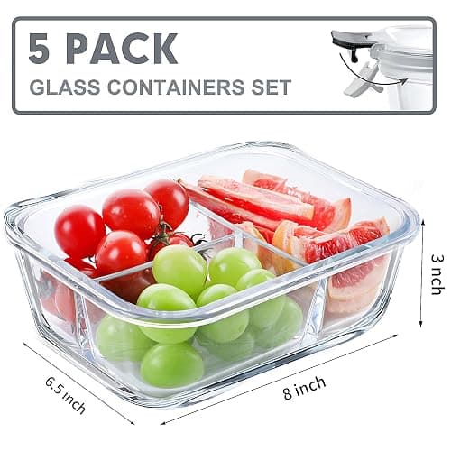 VERONES 5 Pack Glass Meal Prep Containers 3 Compartment Set, 36OZ Airtight Glass Lunch Containers, Glass Food Storage Containers with Lids, for Microwave, Oven, Freezer & Dishwasher Friendly,Grey thumbnail 2