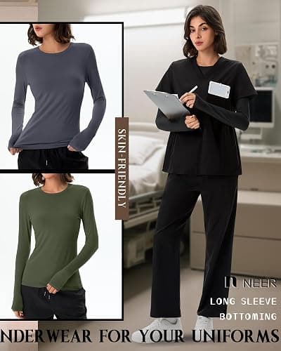 Neer 3 Pack Womens Underscrub Shirts Long Sleeve Crewneck Tops Fitted Layering Clothes Comfort Knit Tops for Nurse thumbnail 4
