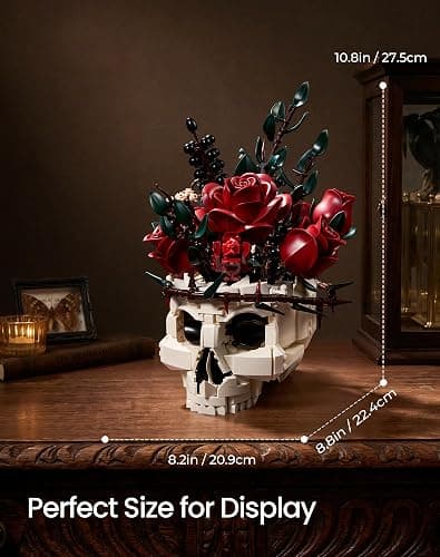 Gothic Skull Rose Flower Bouquet Building Set – Horror Skeleton Botanical Brick Kit for Adults, Gothic Decor with Red Roses, Dark Aesthetic Skull Planter Display, Unique Gift for Women & Goth Lovers thumbnail 3