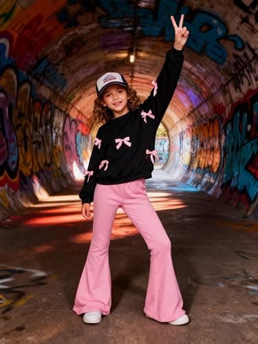 Voxikidio Girls 2 Piece Outfits Long Sleeve Butterfly Sweatshirt & Flared Pants Fall Clothing Set Size 7-12 Years thumbnail 2