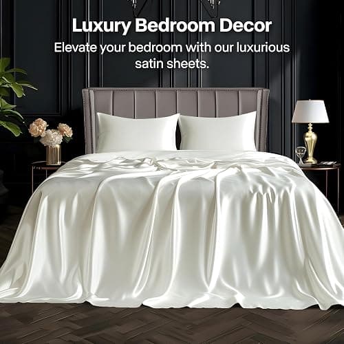 BEDELITE King Size Sheets Set, Luxury Soft Ivory White 100% Polyester Sheets for Hair and Skin, Similar to Silk Bed Sheets Set 4 Pieces with 1 Deep Pocket Fitted Sheet, 1 Flat Sheet, and 2 Pillowcases thumbnail 2