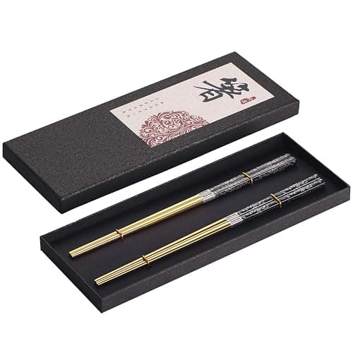 Chopsticks Reusable Titanium Plated Metal Chopsticks 304 Stainless Steel Chopstick Dishwasher safe Japanese Korean lightweight Engraved Anti-slip Chop sticks for Eating 2 Pairs Gift Set Black Gold - Image 1