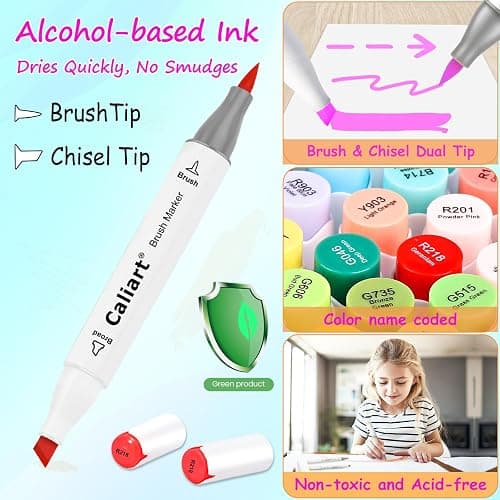 Caliart 101 Colors Alcohol Markers Brush Tip & Chisel, Dual Tip Art Markers Set for Adults Artists Sketch Illustration Coloring Book, Permanent Colored Drawing Pen Art Supplies Christmas Gifts thumbnail 6