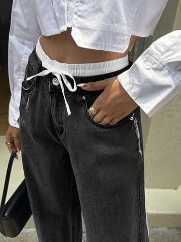 Cicy Bell Womens Wide Leg Jeans High Waisted Drawstring Color Block Patchwork Baggy Loose Y2K Denim Pants with Pockets thumbnail 4