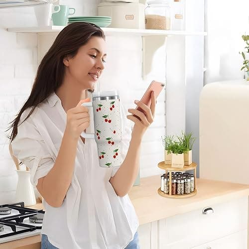 KUEJOP Cherry Print Pattern Stainless Steel Tumbler with Handle and Straw, Water Bottle Reusable Insulated Travel Mug, 40 Ounces thumbnail 9