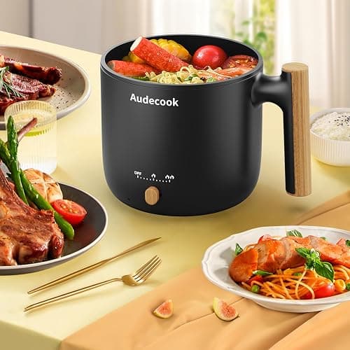 Audecook Hot Pot Electric with Steamer, 1.8L Portable Mini Travel Cooker, Multifunctional Non-Stick Electric Skillet for Stir Fry/Stew/Steam, Perfect for Ramen Noodles/Pasta/Egg/Soup/Oatmeal(Black) thumbnail 2