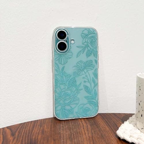 NITITOP Compatible with iPhone 16 Case Cute Clear Floral Flower Pattern for Girls Women Soft TPU Full Camera Lens Shockproof Protective Phone Cover - Teal thumbnail 6