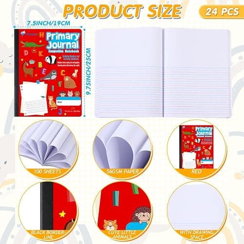 Fulmoon 24 Pcs Primary Composition Notebook K-2 with Picture Space Primary Journal Grades K-2 Draw and Write Journal Composition Book for Preschool Classroom, 80 Sheet (Red) thumbnail 3