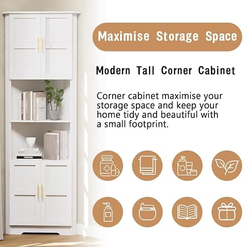 67'' Tall Corner Cabinet with Storage Shelves and 4 Doors, Modern Storage Cabinet with Barn Door Design, Home Space Saver for Living Room, Kitchen, Bathroom, Laundry Room, White thumbnail 4