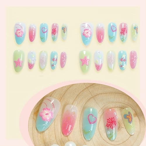 BABALAL Press on Nails Medium Almond Fake Nails Beach Glue on Nails Blue Pink Flower 3D Texture False Acrylic Nails Summer 30Pcs Custom Stiletto Handmade Diy for Women Girls thumbnail 3