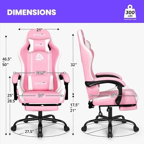 N-GEN GAMING Video Gaming Chair with Footrest Lumbar Support for Home Office High Back Recliner Height Adjustable Ergonomic Comfy Leather Computer Desk Chair (Pink) thumbnail 3