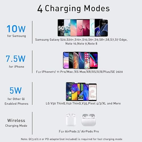 Tiluza Wireless Charger, 2 in 1 Dual Wireless Charging Stand, Adjustable Phone Holder for Desk 10W Qi Fast Charger Compatible with iPhone 14/13/12/11/Pro/Xs/Max/XR/X AirPods, Samsung S23/S22 thumbnail 3