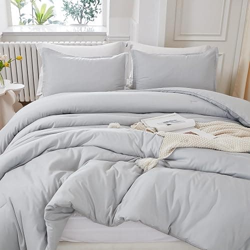 Litanika Light Grey Comforter Full Size, 3 Pieces Lightweight Solid Bedding Comforter Set, All Season Fluffy Bed Set (79x90In Comforter & 2 Pillowcases) - Full (79"x90") - 07 - Light Grey - Image 1