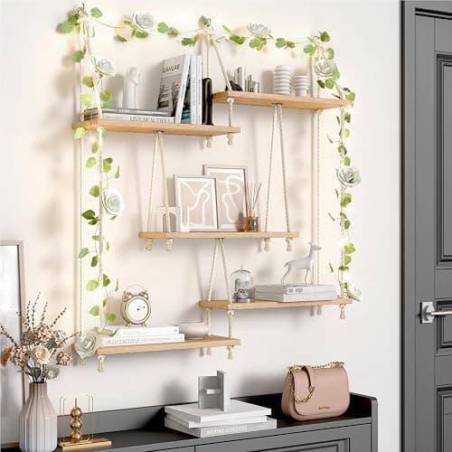 Hanging Shelf with Vine Lights 5 Tier Boho Plant Wall Shelf Floating Shelves Rope Rustic Wood Organizer Storage Hanger Rack for Wall Decor in Aesthetic Home Bedroom Kitchen (Five-tier rope rack) thumbnail 2