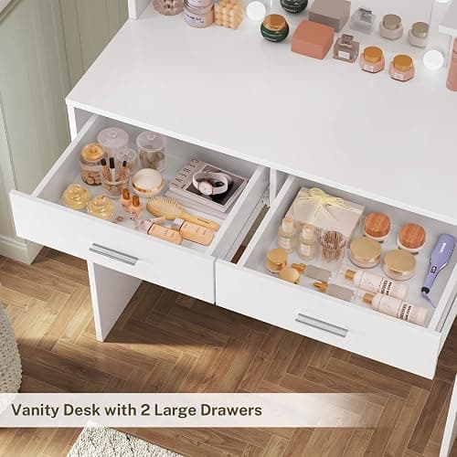 TEENFON Vanity Desk with Mirror & Lights, Makeup Vanity with 6 Shelves, Dressing Table with 2 Drawers, 3 Color Light Adjustable for Bedroom, Modern, White thumbnail 5