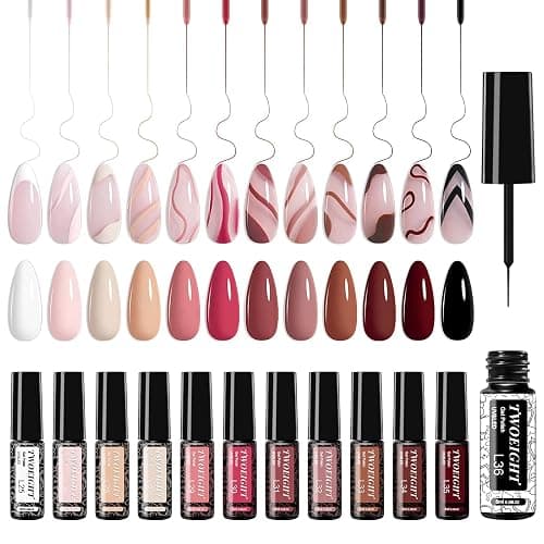 TWOEIGHT Gel Nail Polish Liner Nail Art 12 Colors 8ml UV Lamp Soak-off Polishes Pigmented Autumn Winter Brown Wine Red Collection Thin Brush in Bottle Manicure DIY at Home Salon - Image 1