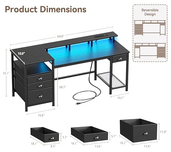 Furologee 60" Black Computer Desk with 4 Drawers and Printer Space, Gaming Desk with LED Lights and USB Power Outlets, Home Office Desk with Fabric File Cabinet,Study Work Table with Shelf for Bedroom thumbnail 3