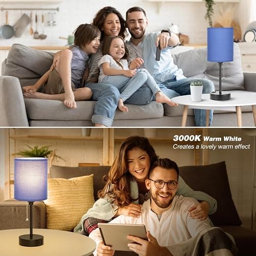 Small Bedside Table Lamp for Bedroom - Desk Lamp with USB Ports for Dorm | USB A+C Ports, AC Outlet, 3 Color Temperatures, LED Bulb Included, Navy Blue Shade, Matte Black Base, 14" Night Stand Lamp thumbnail 6