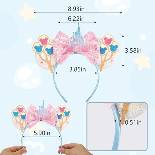 LYLIN Mouse Ears Headband, Sequin Pink Mouse Ears with Castle Bows | for Women Girls, Princess Ears Hair Accessories, Park Ears Trips Party Cosplay Costumes Accessories (Pink Castle) thumbnail 3