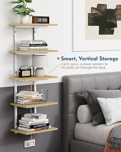 Harwaya White and Natural Tiered Wall Shelf Unit, 5 Tier Display Floating Shelves, Deep Hanging Wall Shelving Unit for Living Room Plants TV, Bedroom Books, Office Décor (White and Natural Wood) thumbnail 5