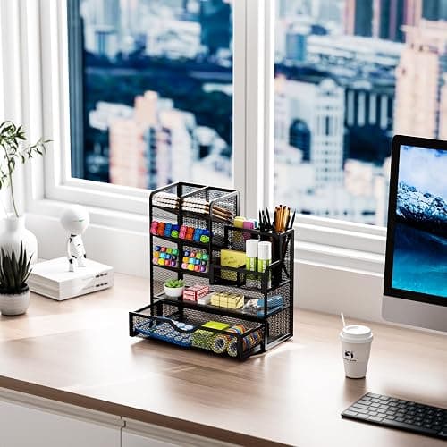 Marbrasse Mesh Pen Holder for Desk, Multi-Functional Pencil Organizer with Drawer, Desk Organizers and Accessories for Office Art Supplies (Black) thumbnail 2