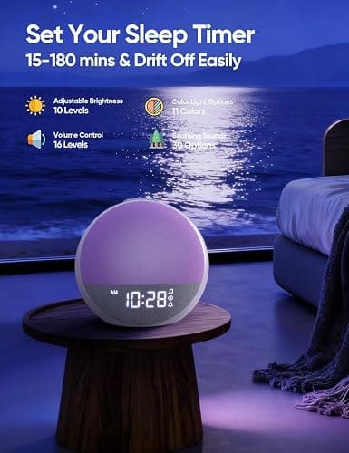 Sunrise Alarm Clock White Noise Machine, Sleep Timer 15-180 mins, 30 Soothing Sounds for Baby Adults Kids, 11 Night Light Colors & Natural Wake Up Light, Easy Set Your Alarms thumbnail 6