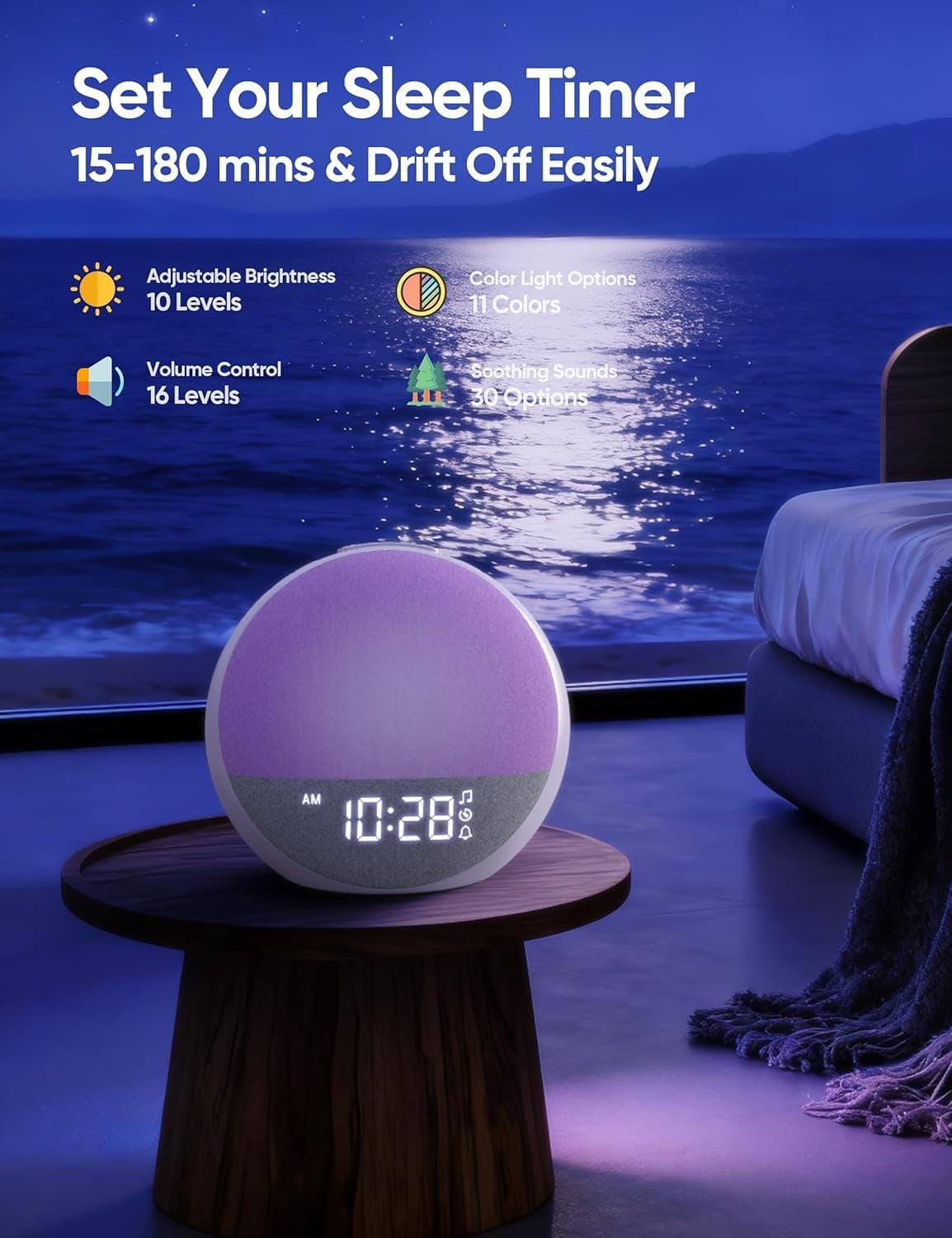 Sunrise Alarm Clock with White Noise Machine, 11-Color Light for Bedrooms thumbnail 6