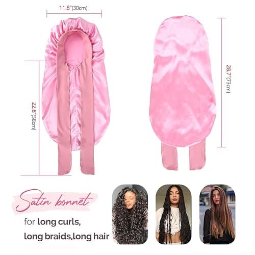 YANIBEST Long Bonnet Satin Bonnet for Sleeping Braid Bonnet with Tie Band Silk Sleep Bonnet for Women Locs Pink thumbnail 2