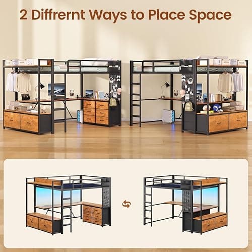 Itaar Twin Loft Bed with L-Shaped Desk and 8 Storage Drawers, Metal Kids Loft Bed Twin with Led Lights & Charging Sation, Hall Tree, Safety Guard & Ladder, No Box Spring Needed, Rustic Brown thumbnail 9